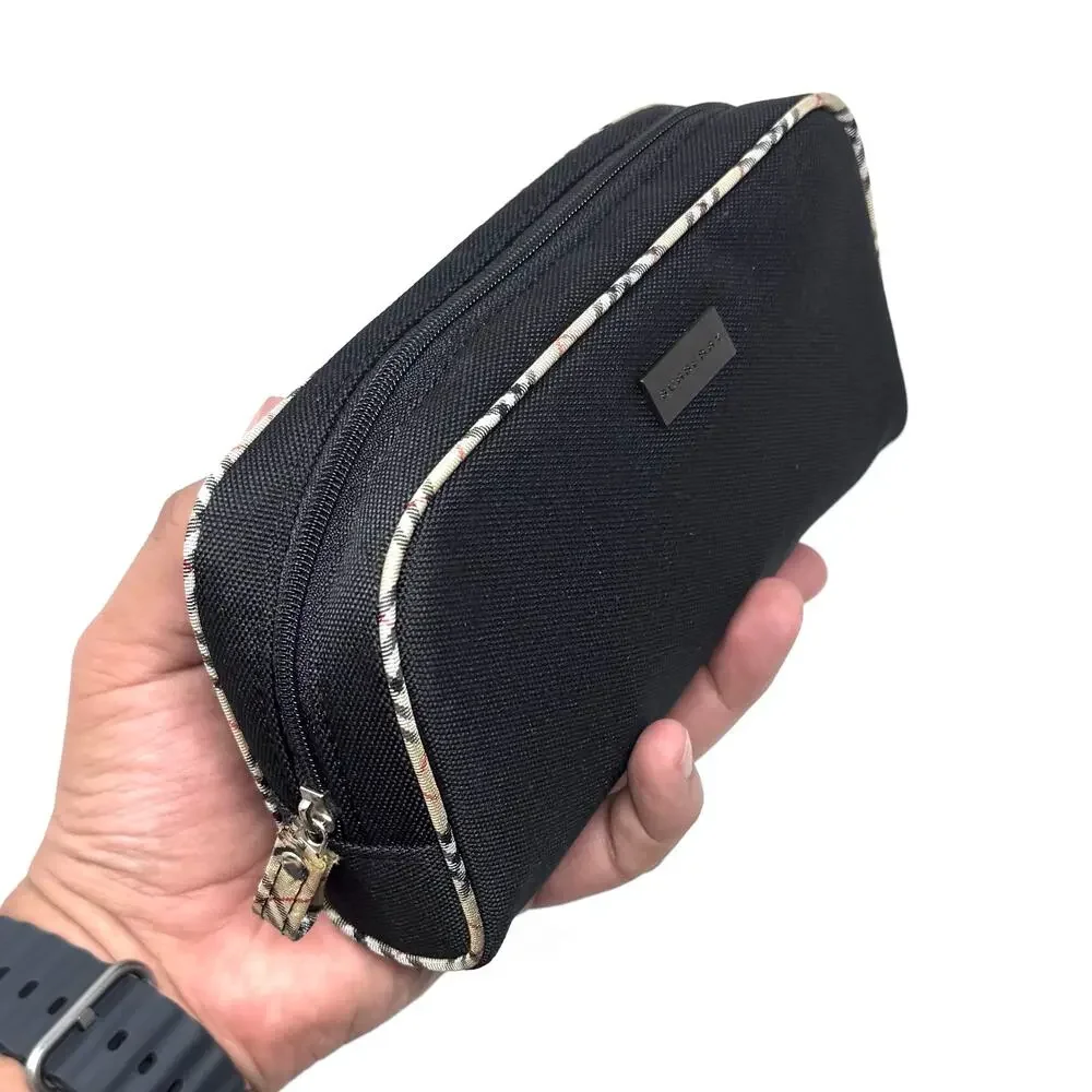 Burberry Black Canvas Zip Cosmetic Pouch with Check Trim